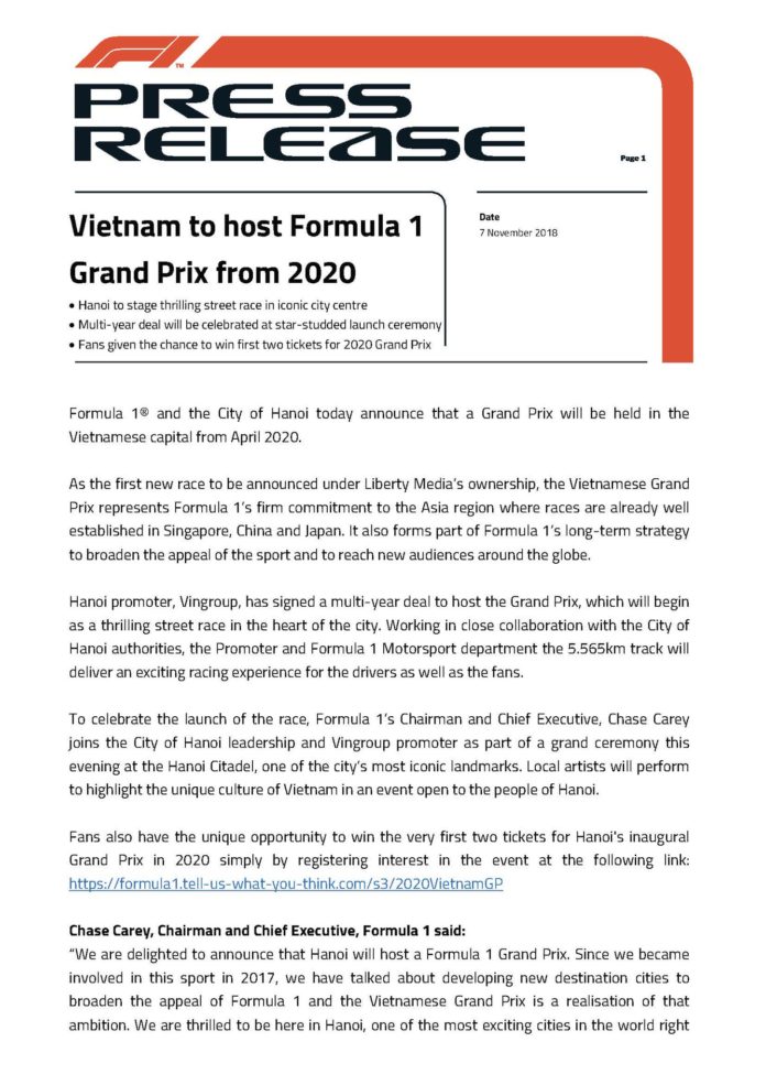 Communiqué de presse 1/3 VietnamGP